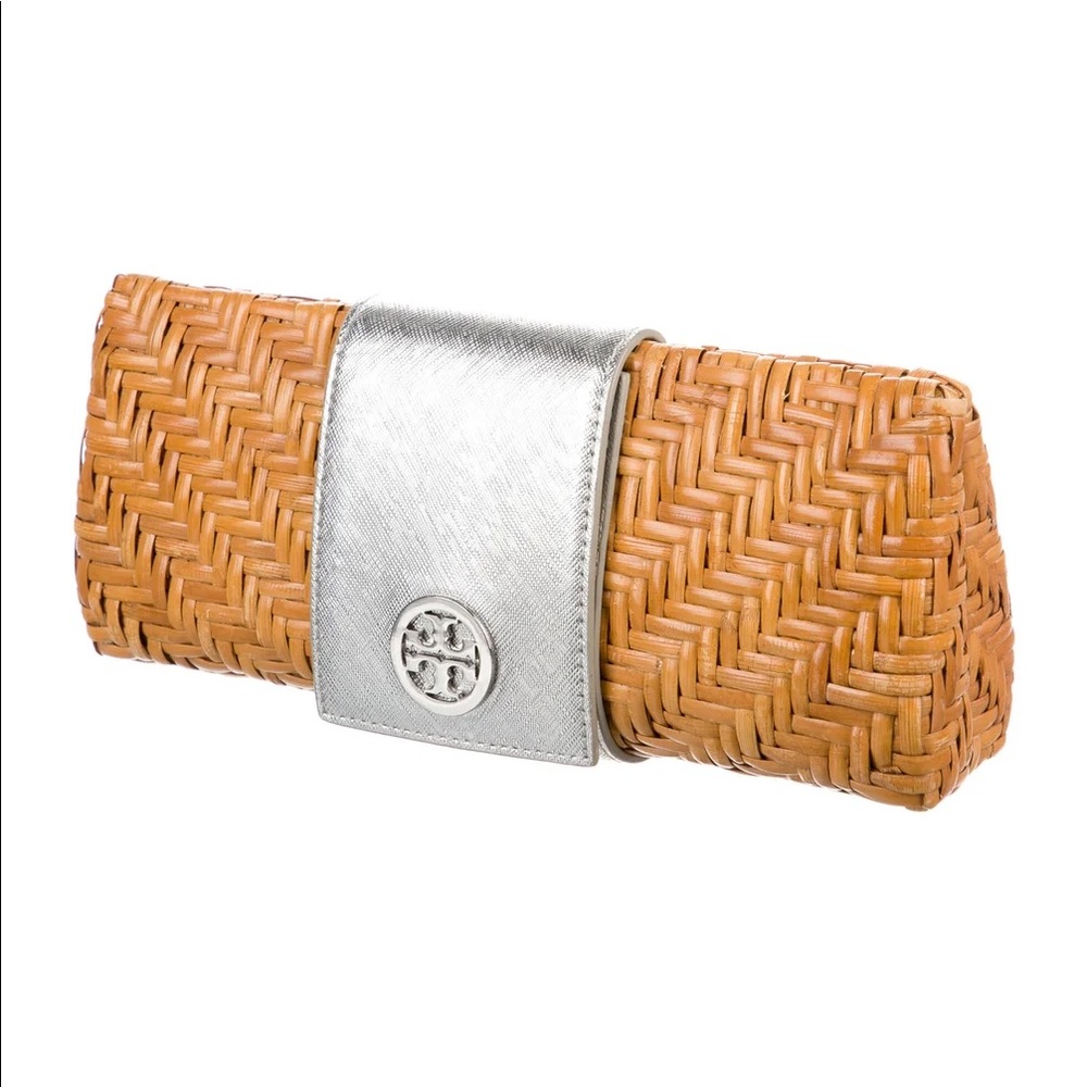 Tory Burch Saffiano-Trimmed Rattan Wicker Clutch